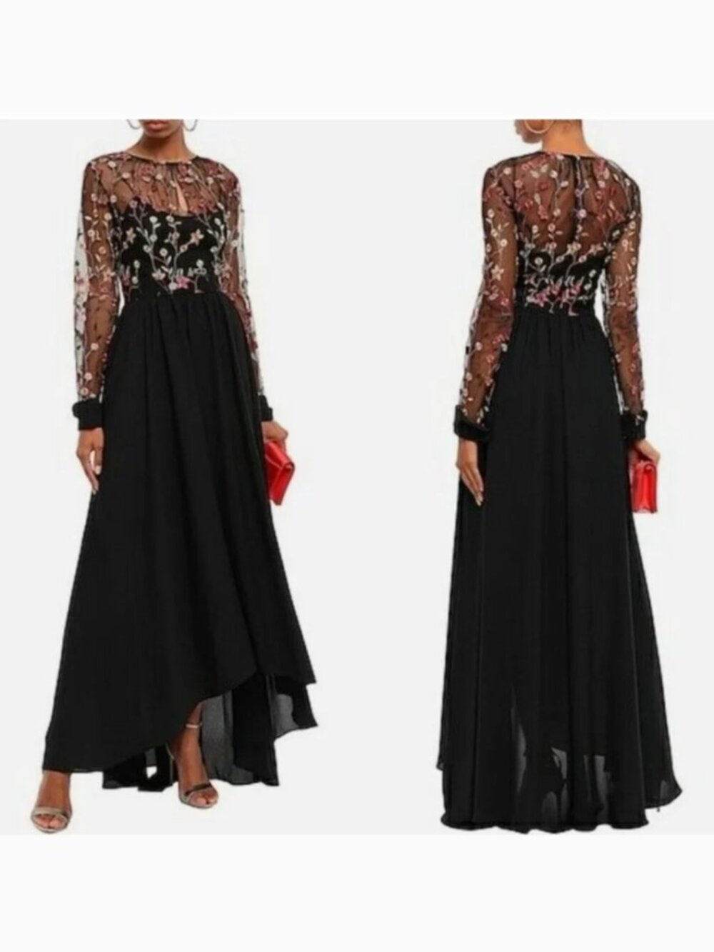 Mikael Aghal floral embroidered illusion long sleeve gown maxi black multicolor